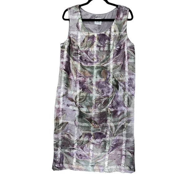 R&M Richards Sleeveless Floral Dress Textured Crinkle Lined Green Purple READ - Picture 1 of 10